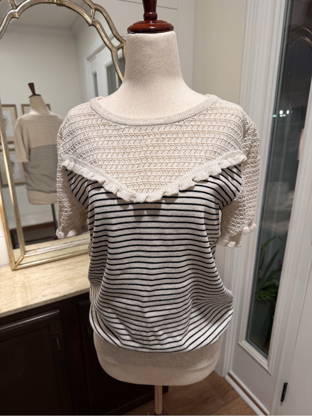 fab’rik Striped Knit sweater with Lace Yoke - Ivory & Black